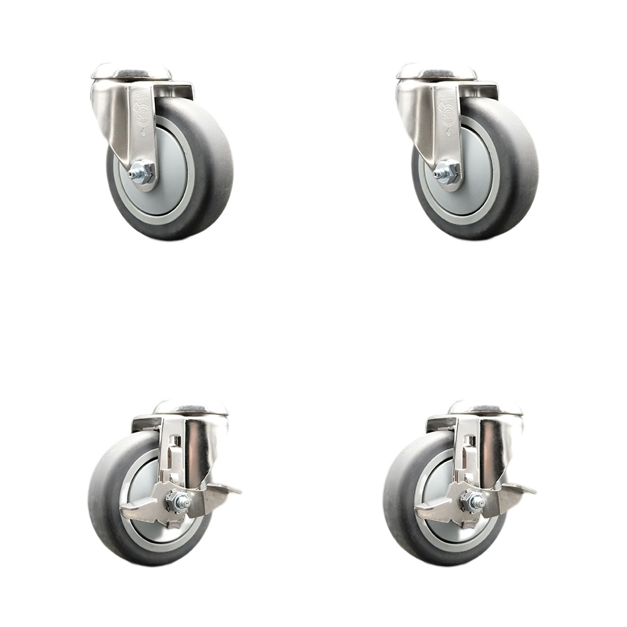 Service Caster, 4in. x 1 1/4in. Stem Casters, Wheel Diameter 4 in, Caster Type Swivel, Package (qty.) 4, Model# SCC-SS316BH20S414-TPRB-2-TLB-2